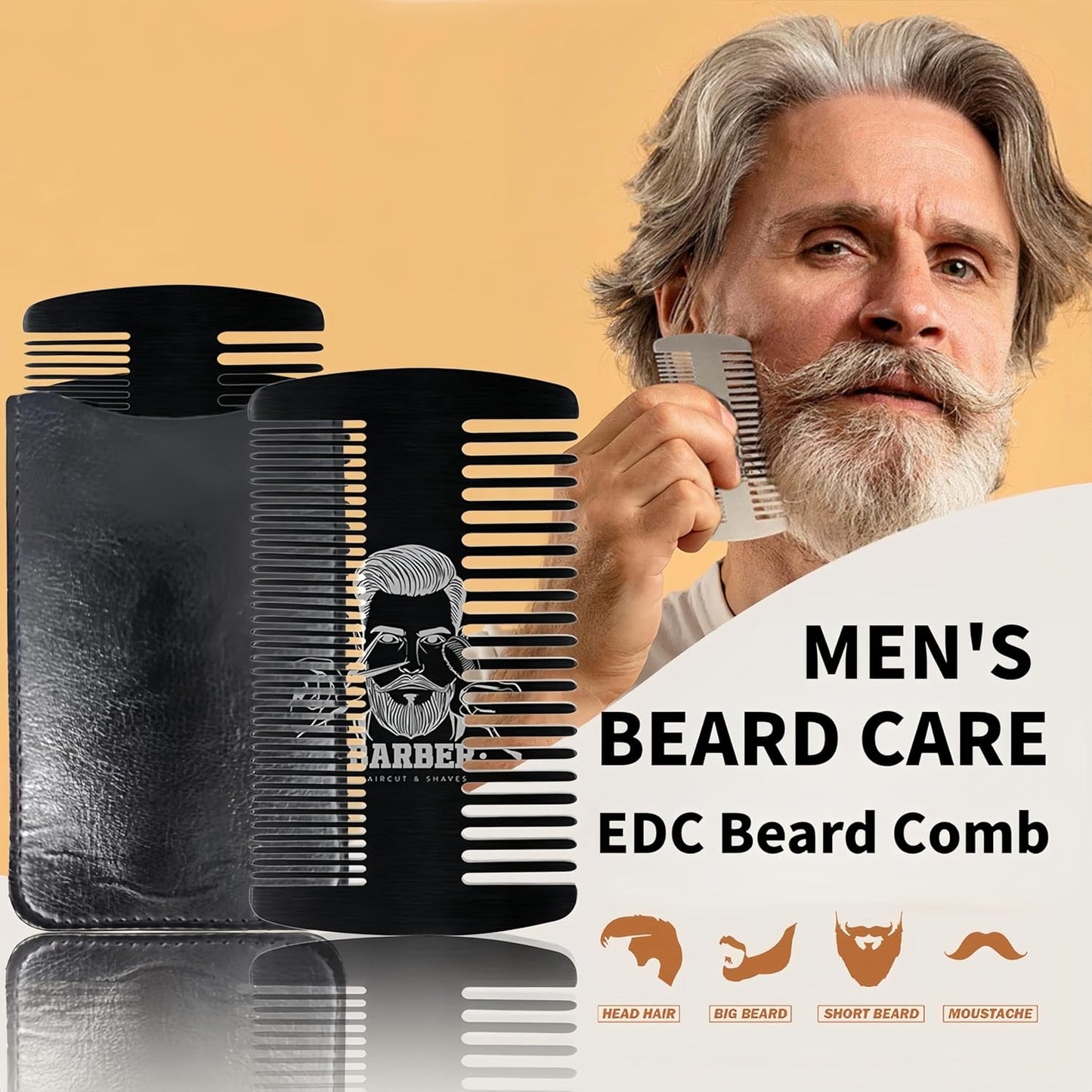 Metal Beard & Mustache Comb for Men - Anti-Static Dual Action - Credit Card Size Stainless Steel EDC Comb, Lice Wallet Pocket, Fine Cutting Teasing Barber Hair Styling - Black