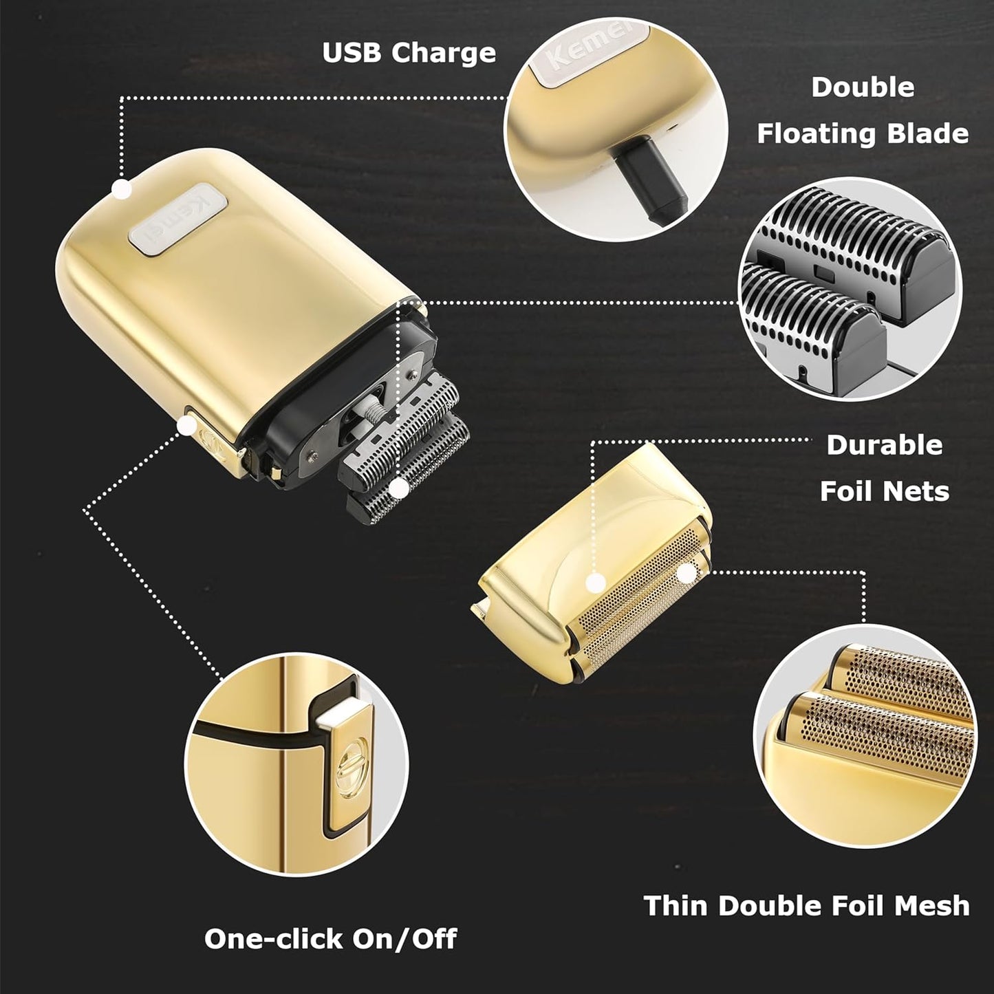 Kemei Cordless Metal Double Electric Shaver Razor for Men Close Electric Shavers, Type-C Rechargeable for Wet/Dry Shaving, KM-TX1 Gold