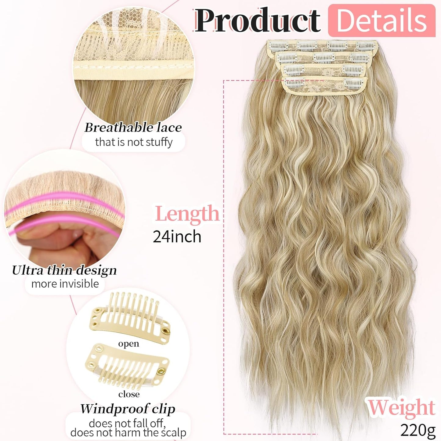 KooKaStyle Beach Blonde Hair Extensions Clip in Synthetic Highlight Hair Extensions Long Wavy 4PCS Thick Hairpieces 24 Inch Beach Blonde for Women