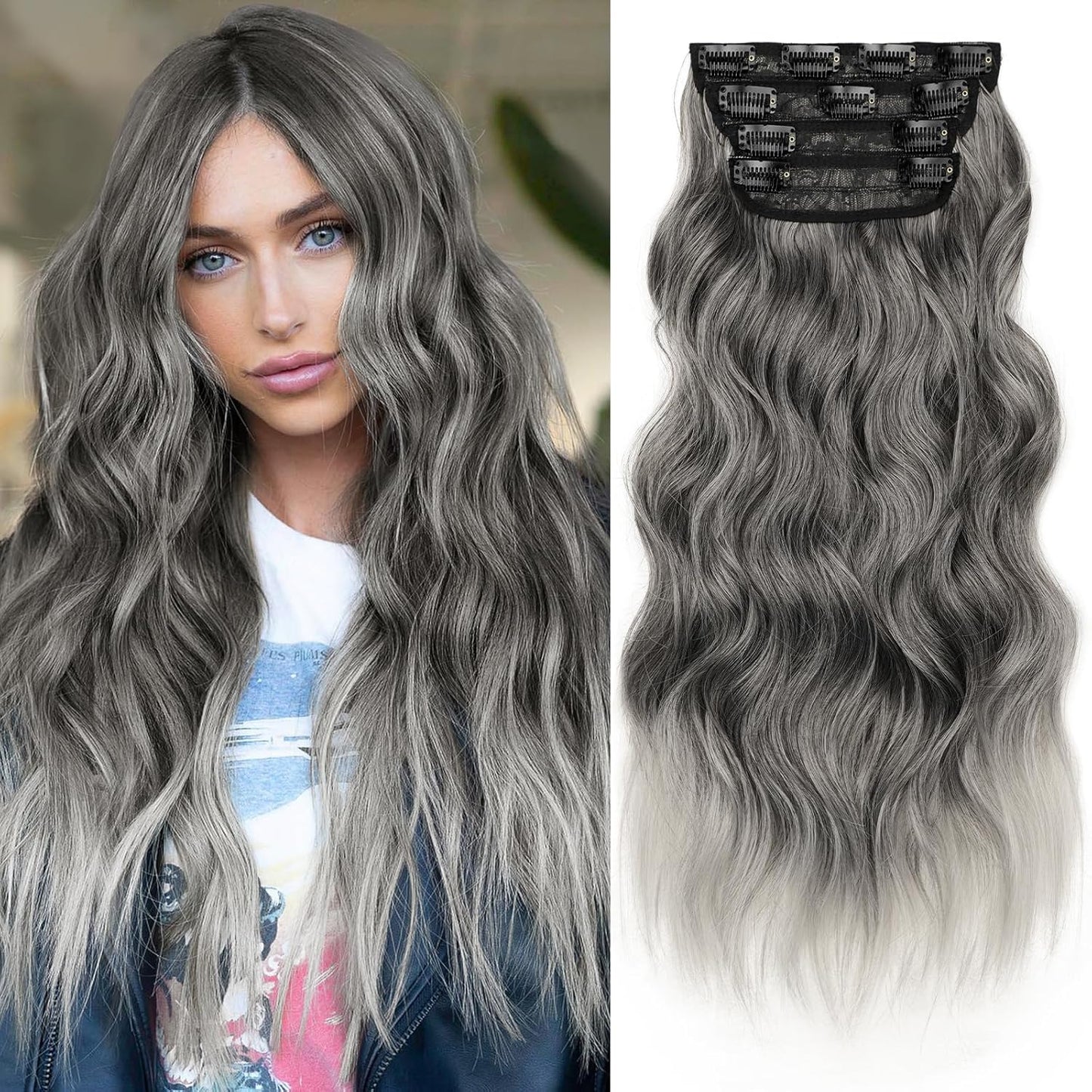 KooKaStyle Clip in Synthetic Hair Extensions Long Wavy 4PCS Thick Hairpieces Grey Sliver Mixed Fiber Double Weft Natural Hair Extensions 20 Inch for Women