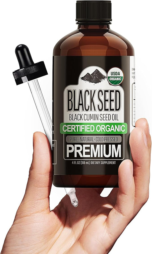 Sun Essential Oils USDA Certified Organic Black Seed Oil (Black Cumin), Pure & Natural, Cold Pressed, Free of Toxins, Heavy Metals, Pesticides, Harmful Chemicals, 4 oz - Blackseed Oil - Blackseed