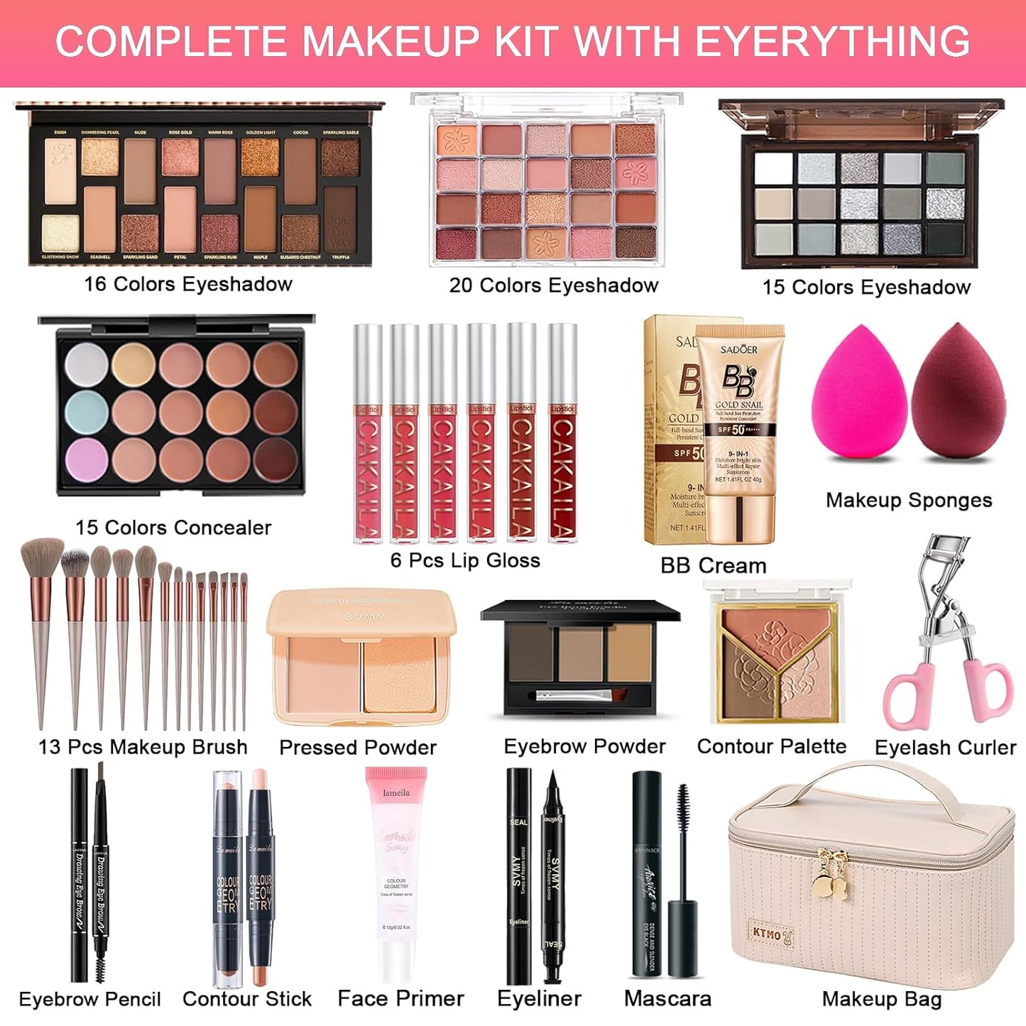 All in One Makeup Kit, Makeup Kit for Women Full Kit, Travel Make Up Gift Set for Women, Teens & Girls, Includes Eyeshadow Lipstick Eyeliner Eyebrow Pencil Brush Set, Beginners and Professionals Alike