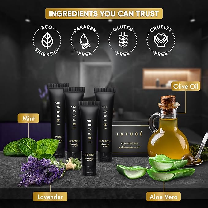 Infuse Black | Amenity & Accessory Kit | 1 oz Travel Size Shampoo, Conditioner, Lotion, Body Wash, Body Bar, 2 Cleansing Bar, Shave & Dental Sets, Make-Up Remover Wipes & Vanity Kit | 15 sets per case