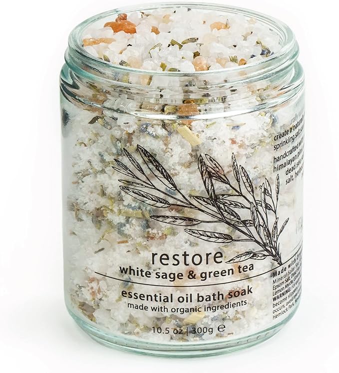 Hemlock Park Restore Essential Oil Bath Soak | Naturally Soothing Mineral Sea Salt and Botanicals | 10.5 oz Jar | White Sage & Green Tea
