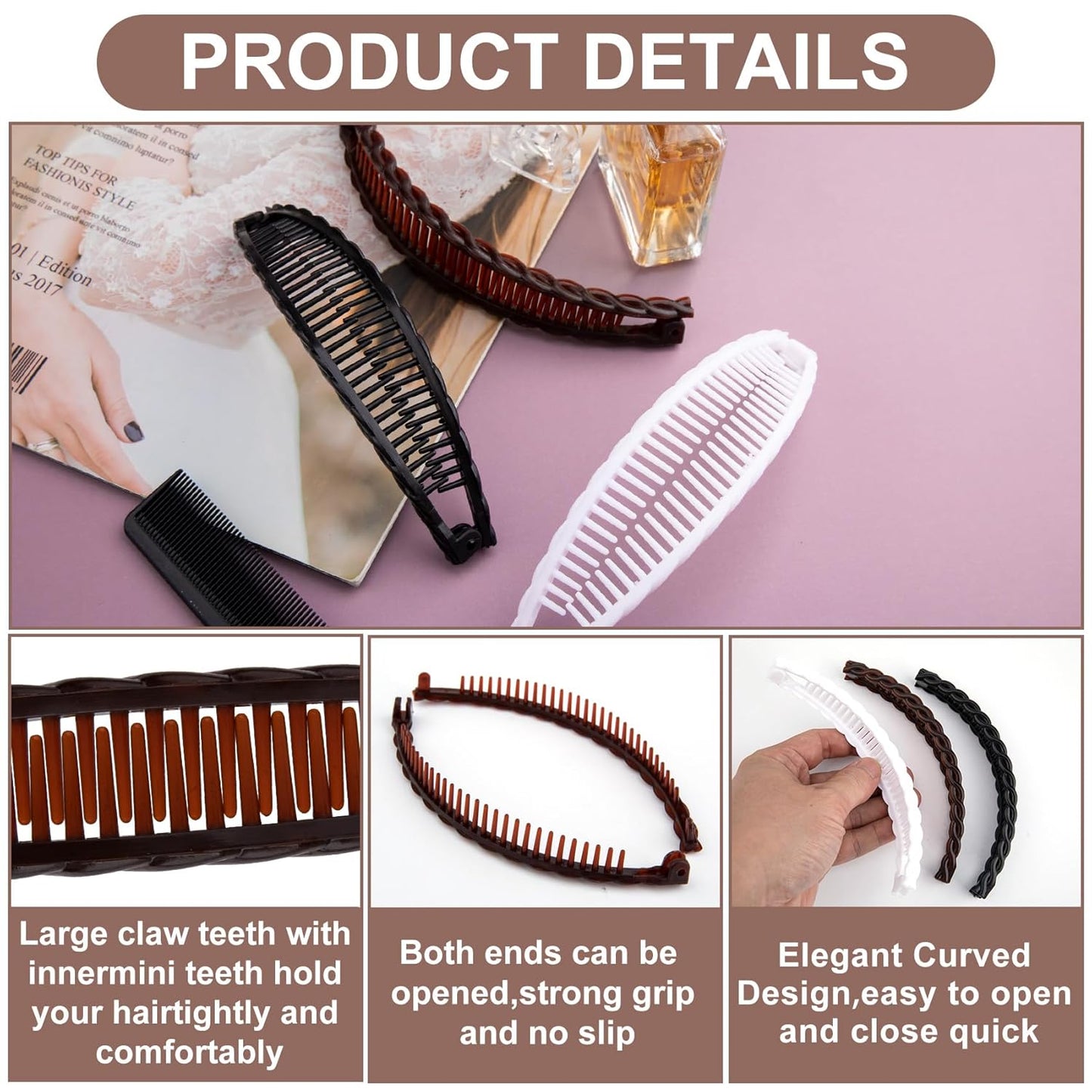 3pcs Banana Hair Clips for Women, Non-Slip Hair Claws with Double Combs, Vintage Hairpin Thick Long Curly Hair Styling Accessories for Daily, Party - Black, Brown, White (Wavy Edge)