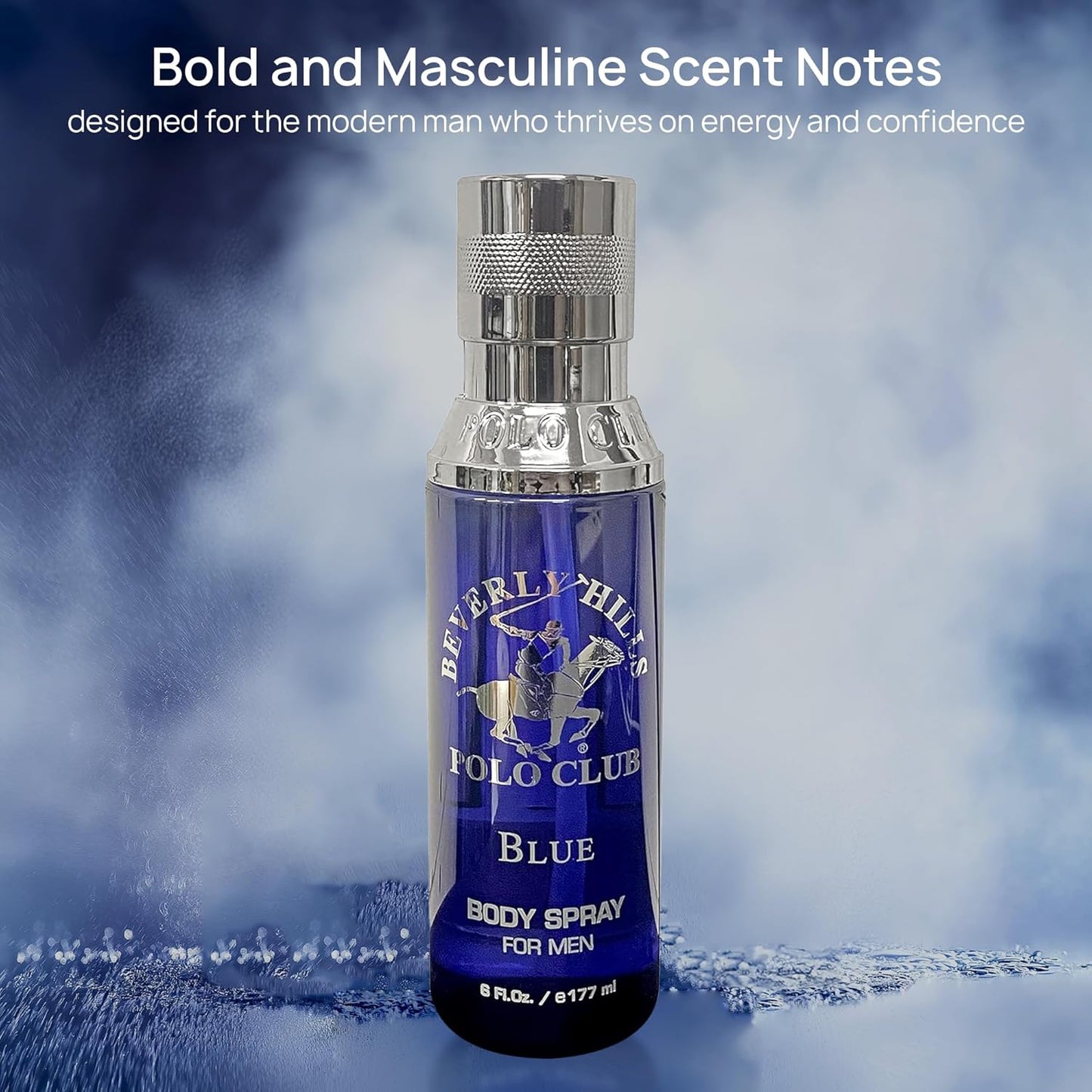 Beverly Hills Polo Club Body Spray for Men - BHPC Blue - Notes of Lavender & Sandalwood - Fresh, Oceanic, Long Lasting Cologne Scents - Ideal Gift for Him, 6oz