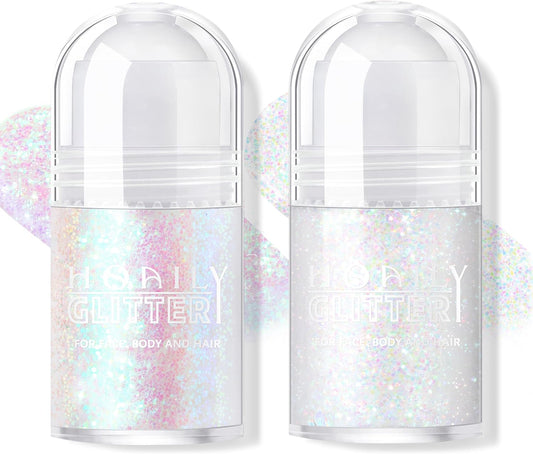 2 Colors Roll-on Body Glitter Gel, Holographic Glitter Gel Under Light for Face Hair, Body Shimmer for Rave Accessories Christmas New Year Halloween Makeup (11+13)