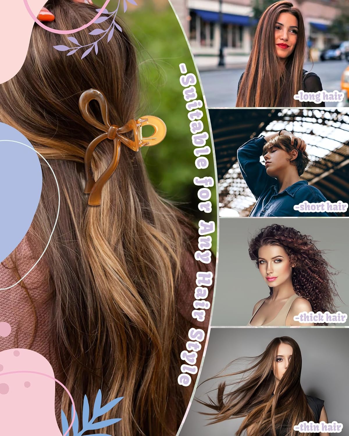 4 PCS Bow Hair Clips Bow Claw Clip for Women Nonslip Large Hair Claw Clips for Thin and Thick Hair Strong Hold Hair Bows (Yellow+Brown+Black Leopard Print+Brown Leopard Print)