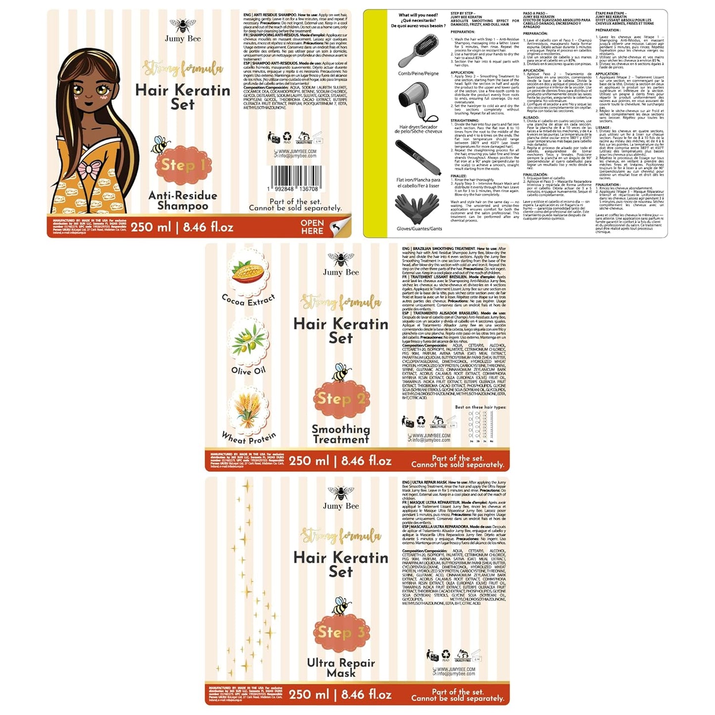 Brazilian Keratin Treatment Kit – JumyBee 3 Steps 8.46 fl oz | Formaldehyde-Free At Home Hair Straightening & Smoothing System |Keratina para Alisar el Pelo | Anti-Frizz Repair Mask & Shampoo