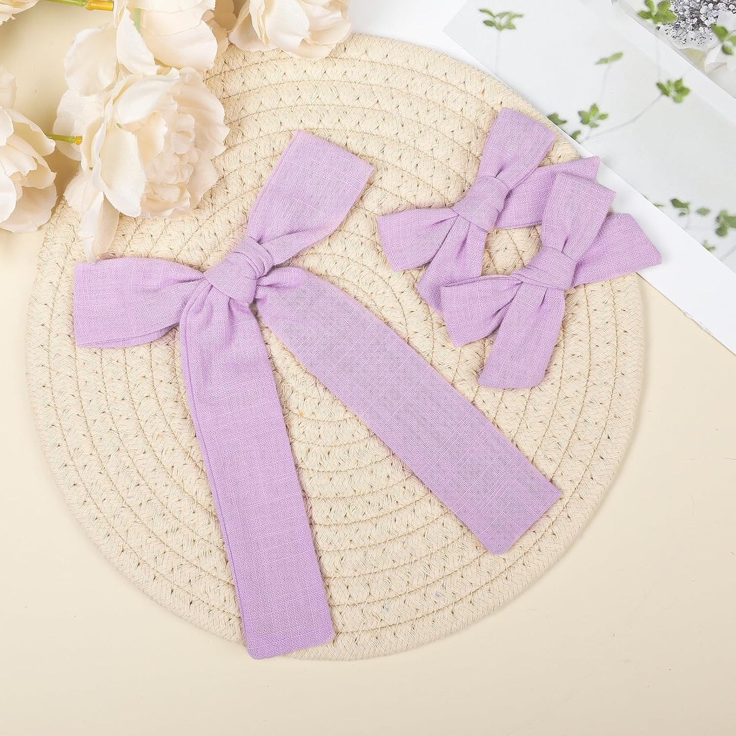 DEEKA Light Purple Cotton Linen Hair Bows 2 Sizes 5"&3.5" Soft Hair Bow set for Toddler Girls Long Ponytail Knot Bows Alligator Clip Hair Accessories for Little School Girls (Light Purple)