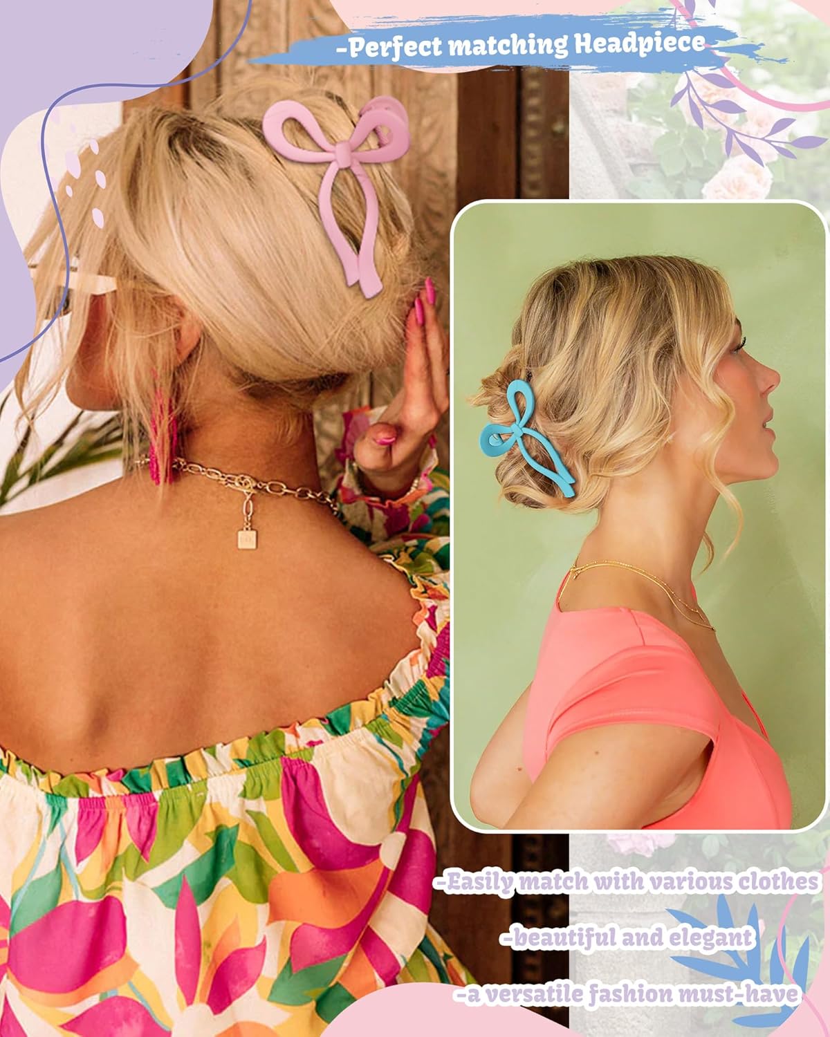 4 PCS Bow Hair Clips Bow Claw Clip for Women Nonslip Large Hair Claw Clips for Thin and Thick Hair Strong Hold Hair Bows (Pink+Green+Purple+Blue)