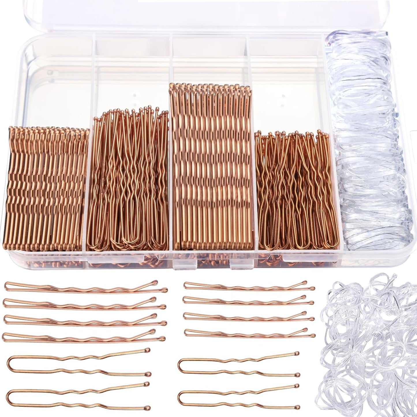 Teenitor 300pcs Bobby Pins Rose Gold Hair, 100 Bobby Pins 100 Hair Pins for Women 100 Hair Bands Kit, Hair Pins for Buns 2" 2.36" 2.75" Rose Gold