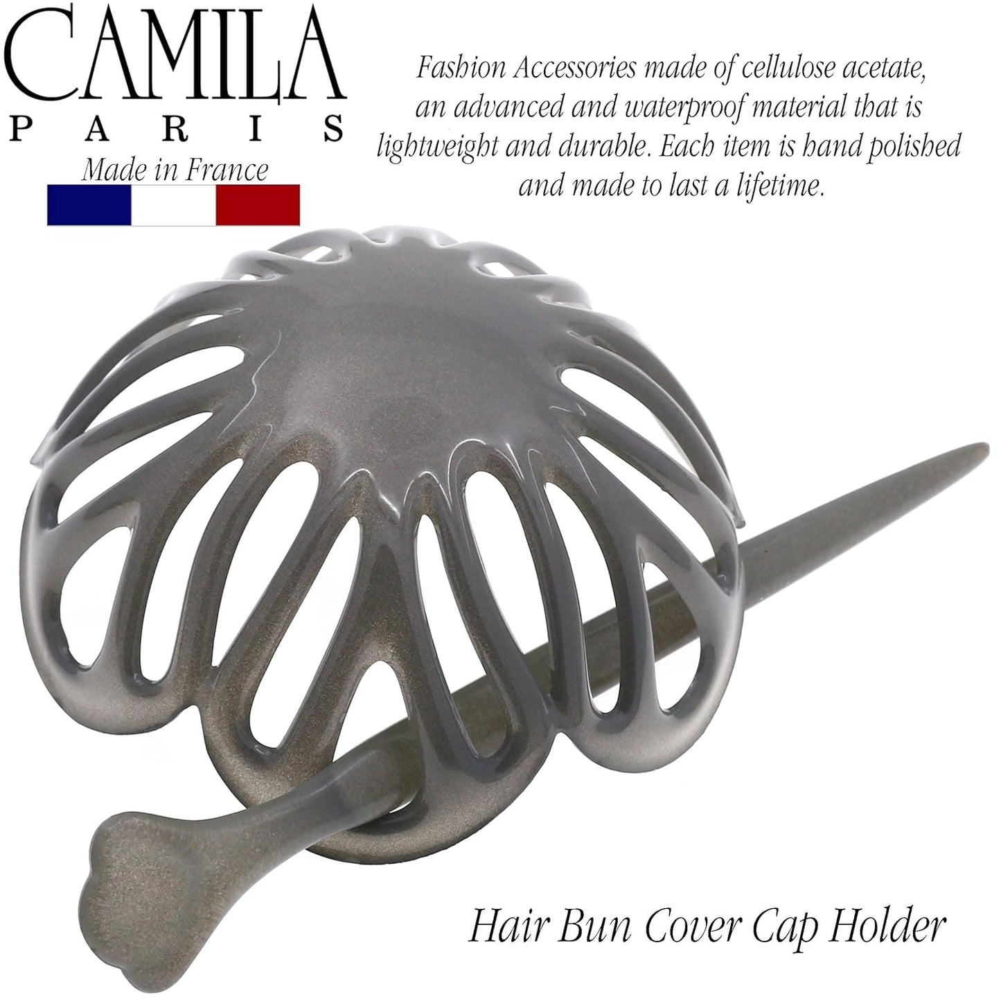Camila Paris CP3145 French Hair Bun Clip Maker Cover Cap Holder, Gray, Round Dome Bun Hair Clip for Women Hair Updo, Styling Hair Bun Accessories for Women, No Slip and Durable, Made in France