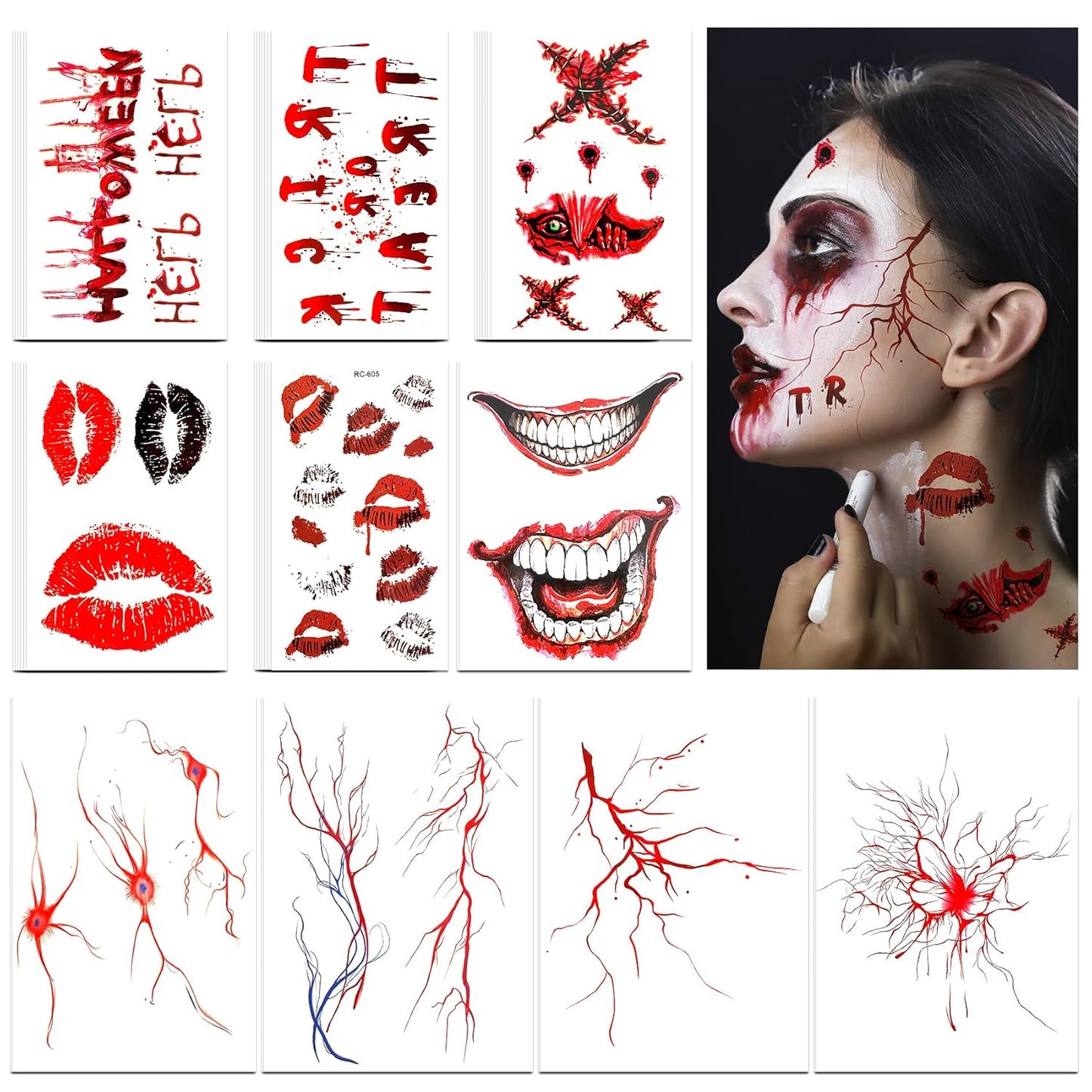 Kiss Tattoos Temporary Halloween Red Bleeding Stitch Scary Prank Makeup for Kids Girls Adult Women Face Body Halloween Decorations-40 Sheets