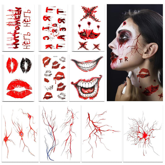 Kiss Tattoos Temporary Halloween Red Bleeding Stitch Scary Prank Makeup for Kids Girls Adult Women Face Body Halloween Decorations-40 Sheets