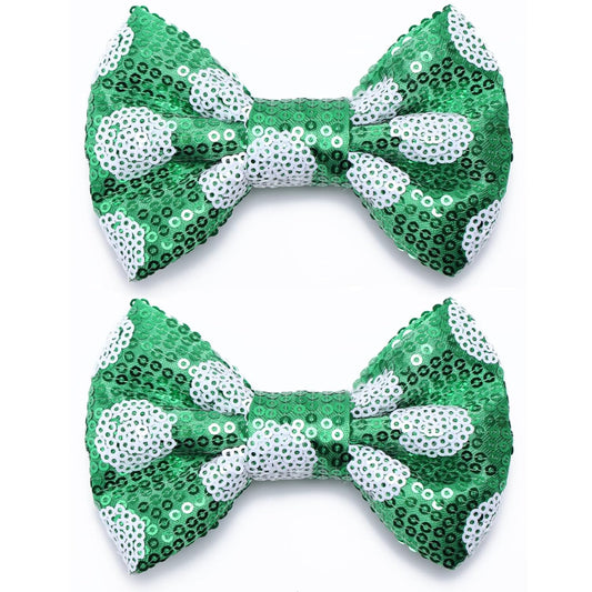 KISZU 4 Inch Sequin Glitter Hair Bows Clips, Sparkling Bling Little Bow HairPins Hair Accessories for Baby Girls Kids Children Teens and Women (Green Dot)
