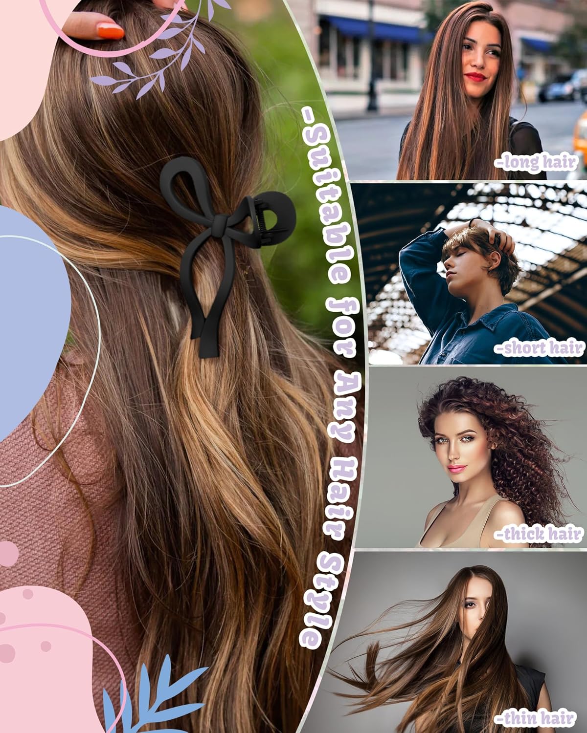 4 PCS Bow Hair Clips Bow Claw Clip for Women Nonslip Large Hair Claw Clips for Thin and Thick Hair Strong Hold Hair Bows (Tortoise+Camel+Black+Coffee)