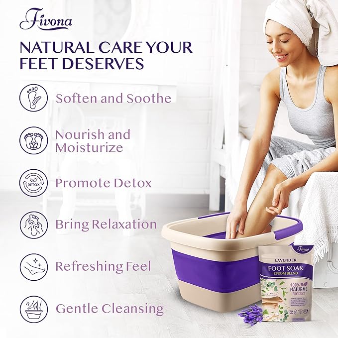 Fivona Foot Care Kit 2 in 1 - Foot Soak Blend with Epsom Salt, Lavender and Essential Oils - Expandable Foot Soak Basin - Pedicure Spa Soak for Tired Feet, Cracked Heels, Stubborn Foot Calluses