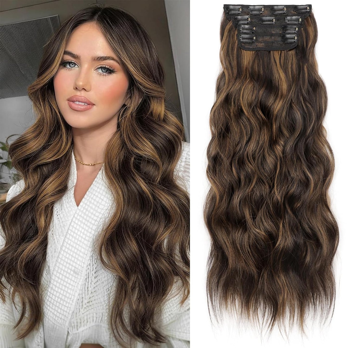 KooKaStyle Clip in Hair Extensions Long Wavy 4PCS Thick Hairpieces Synthetic Highlight Hair Extensions Balayage Dark Brown to Chestnut H2/426 Fiber Double Weft Natural 24Inch for Women