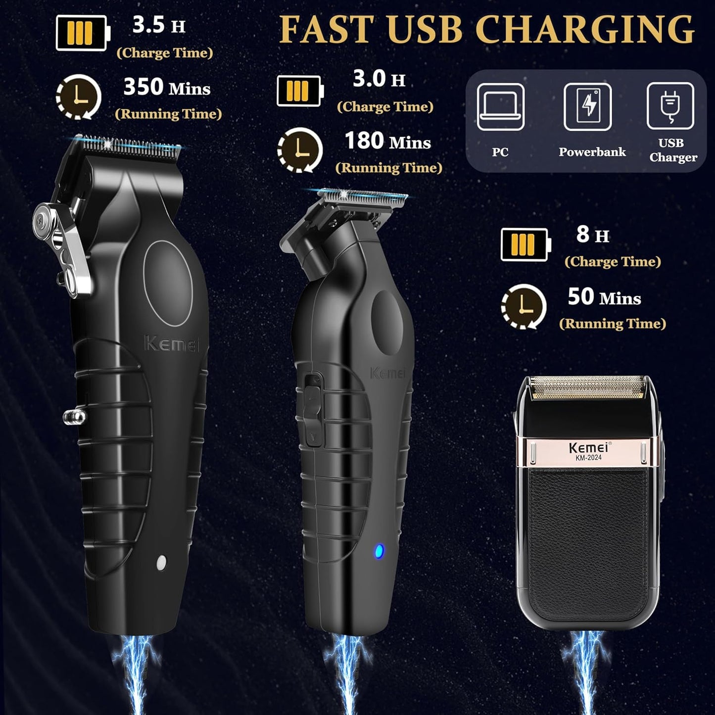 KEMEI Professional Hair Clippers, Hair/Beard Trimmer, Eletric Shaver Set for Men, Cordless Beard Trimmer, Rechargeable Barber Clippers, USB Fade Clipper Haircutting Kit, KM-2299, KM-2296, KM-2024