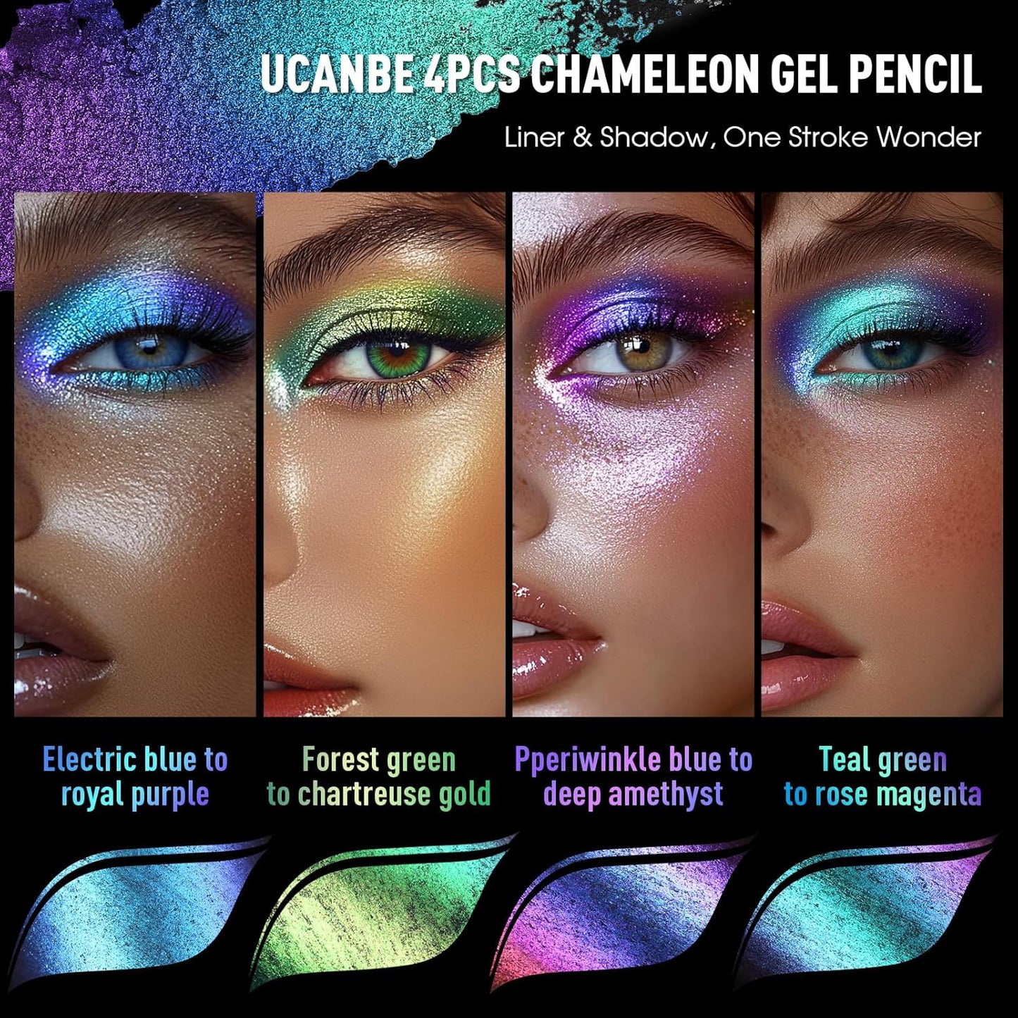 UCANBE 4PCS Chameleon Eyeshadow & Eyeliner Gel Pencil Set - Multichrome Shifting Colors Metallic Glitter Eye Makeup,Waterproof Long-Lasting Smudge-Proof Multi-Dimensional Color
