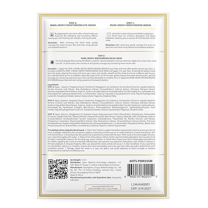 APEX OPTIMAL TS 3-Step Pearl Deeply Hydrating Silk Facial Mask | Serum & Eye Cream Value-Adds | Complete Routine Skincare | Rich Nourishing Essence | Lifting, Firming, Repairing | for All Skin Types