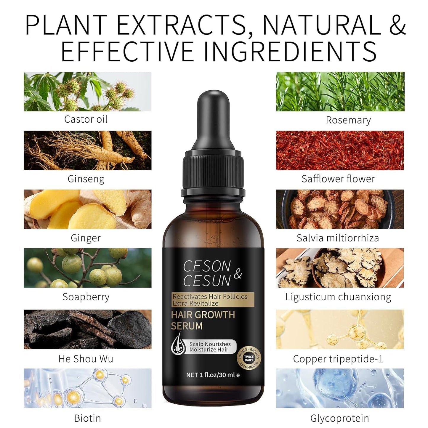 Ceson&Cesun Hair Growth Serum/Scalp Oil - Biotin & Rosemary Castor Oil Treatment for Stronger Thicker Longer Hair, Water-Based – Natural Hair Growth Thickening Treatment for Men & Women