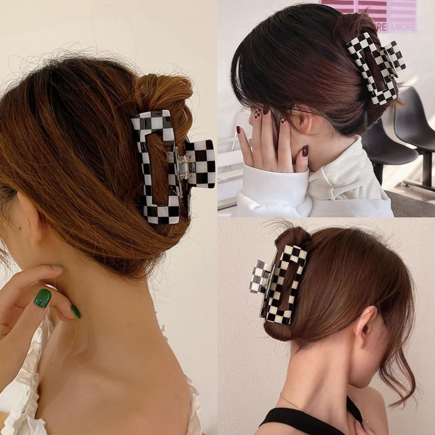 Checkered Rectangle Hair Claw Clips, Large Acrylic Multicolored Square Checker Barrettes for Thin Thick Hair Cute Non Slip Hair Jaw Clips Strong Hold Rectangle Claw Clamps for Women Ladies (4 Pack)