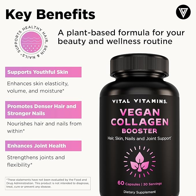 Vital Vitamins Vegan Collagen Booster - Plant-Based Collagen Supplements - Supports Hair, Skin, Nails & Joints - with Hyaluronic Acid - 60 Capsules