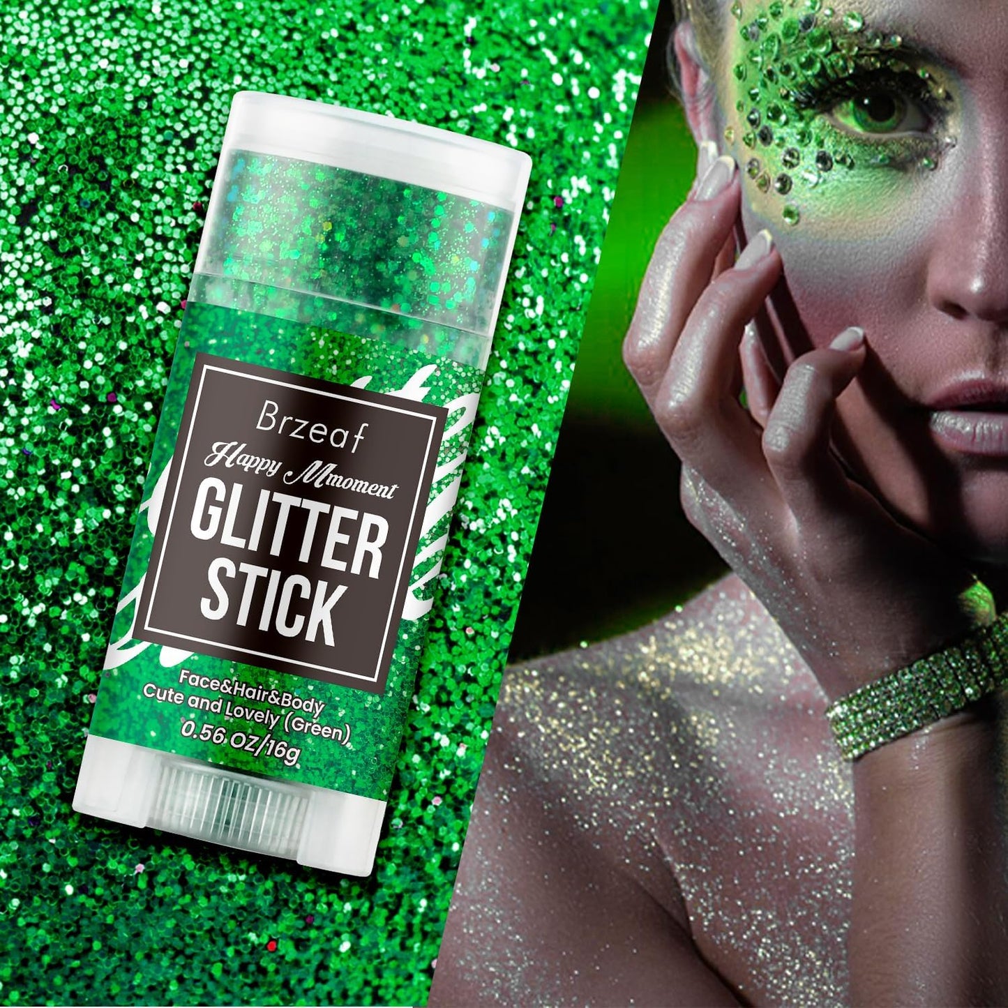 Brzeaf Waterproof Green Body Glitter Stick, Halloween Chunky Glitter for Face/Body/Hair/Eyes/Lip, Singer Concert Music Rave Festival, Glitter Stick Makeup & Face Glitter Gel for Women Men 0.56 OZ