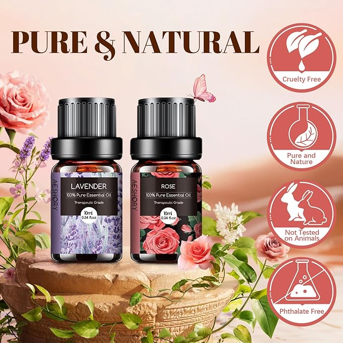 Floral Essential Oils Set - 6x10ML Fragrance Oil for Diffusers, Massage, Aromatherapy, Candle Making - Lavender, Rose, White Tea, Jasmine, Ylang-Ylang, Cherry Blossom Scented Oil