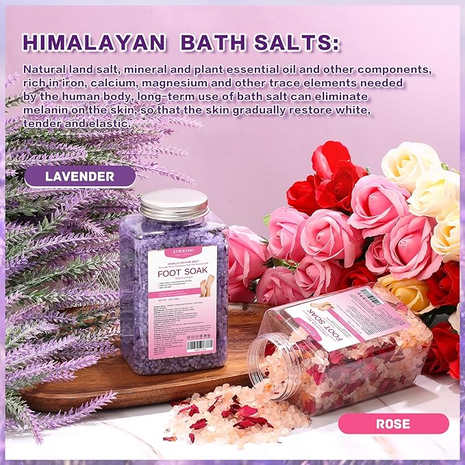 Foot Soak Kit -46 oz, Pack of 2 Natural Epsom Salt Rose, and Lavender- Essential Oils Foot Athletes Foot spa Itching,Foot Bath Salt Tea Tree Oil Foot Soak Foot Care Pedicure Feet spa Message