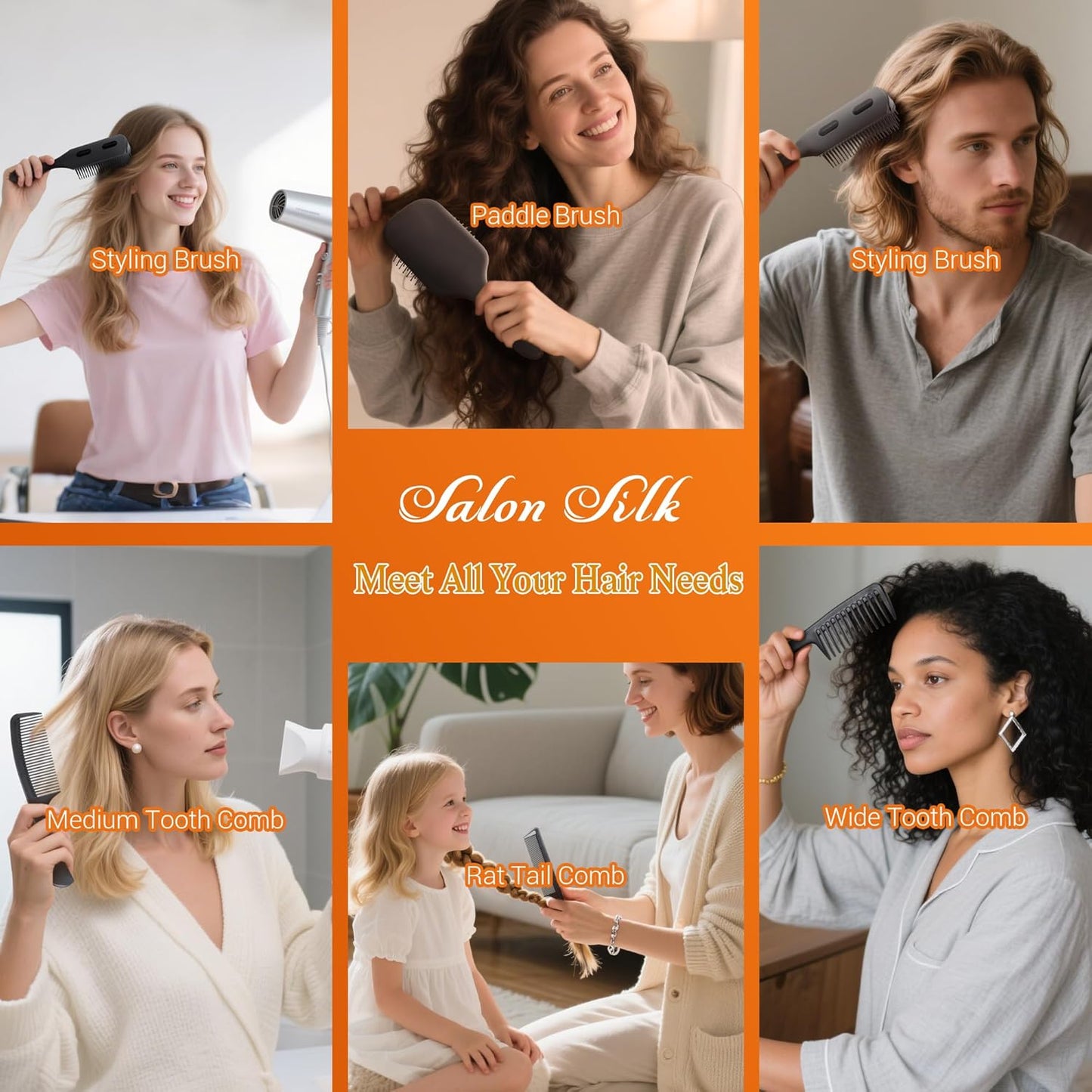 SALONSILK 5PCS Hair Brush Comb Set, Women Men Paddle Styling Hair Brushes Wide Fine Tooth Combs, Rat Tail Parting Barber Professional Set for Detangling, Thick, Natural, Thin, Curly