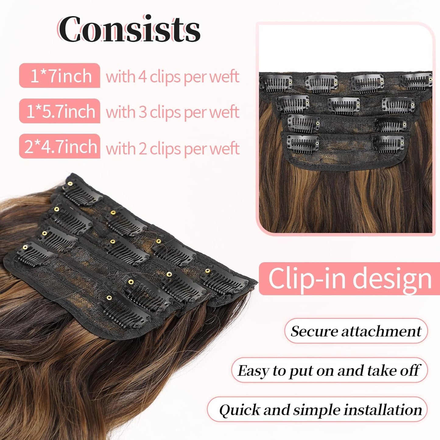 KooKaStyle Clip in Synthetic Hair Extensions Long Wavy 4PCS Thick Hairpieces Balayage Dark Brown to Chestnut Fiber Double Weft Natural Hair Extensions 16 Inch for Women