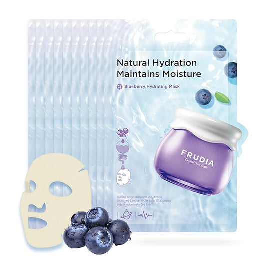 FRUDIA Blueberry Hydrating Mask Sheets (10 Pack), Korean Face Masks with 55% Blueberry Extract, Vegan Panthenol & WS BS Care EX for Deep Moisturizing & Soothing Skin