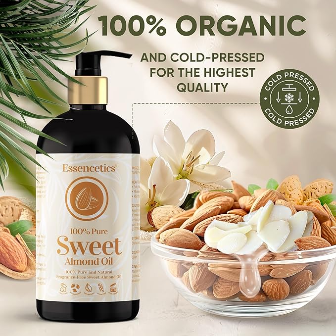Sweet Almond Oil Organic 16 oz - 100% Pure & Natural Sweet Almond Oil for Skin, Body, Face, and Hair - Natural Cold Pressed Unrefined - Organic Massage Oil for Massage Therapy & Date Night