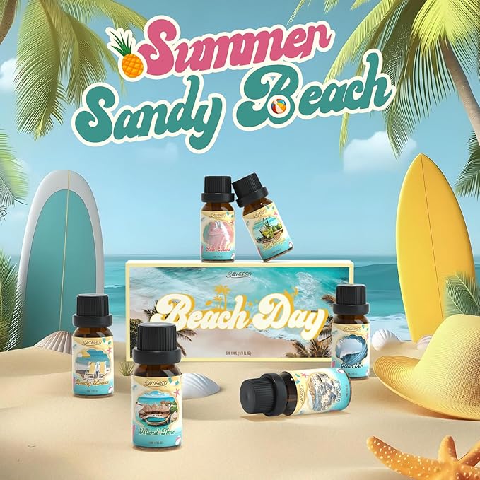 SALUBRITO Beach Fragrance Oils Set, Summer Essential Oils for Diffuser, Candle, Soap Making, Beachy Breeze, Sea Salt, Pink Island, Ocean Air, Island Time, Mint Mojito Scented Oil