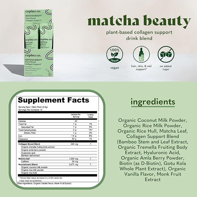 Matcha Beauty Vegan Collagen Booster Drink Blend: Plant Based Collagen Support Smoothie Drink Vegan Blend Variety Pack | Matcha Flavor | 10 Individual Stick Packs per Carton