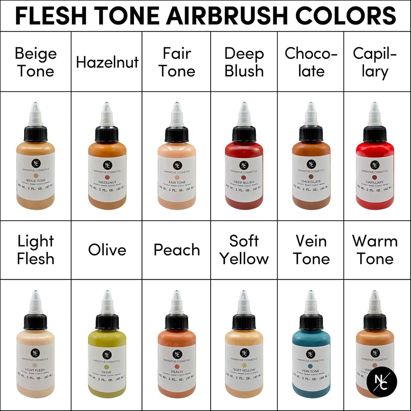 Narrative Cosmetics Flesh Tone Alcohol Airbrush Paints - 2 fl oz, Skin Safe, Quick Dry, Waterproof, Sweatproof, Transferproof Liquid Makeup for Tattoo Cover-Up, Bodypainting, FX Makeup - Vein Tone