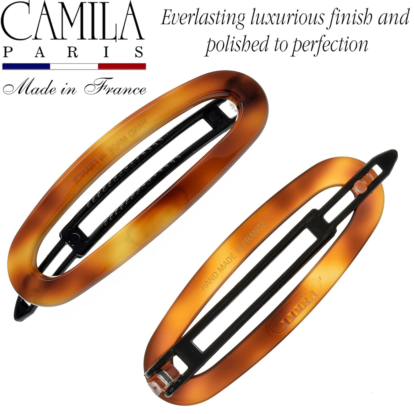 Camila Paris CP2249 French Hair Barrette Clip for Women, Handmade, Side Slide-in Metal-Free Closure Strong Hold Grip Hair Clips for Girls, No Slip Durable Styling Hair Accessories, Made in France