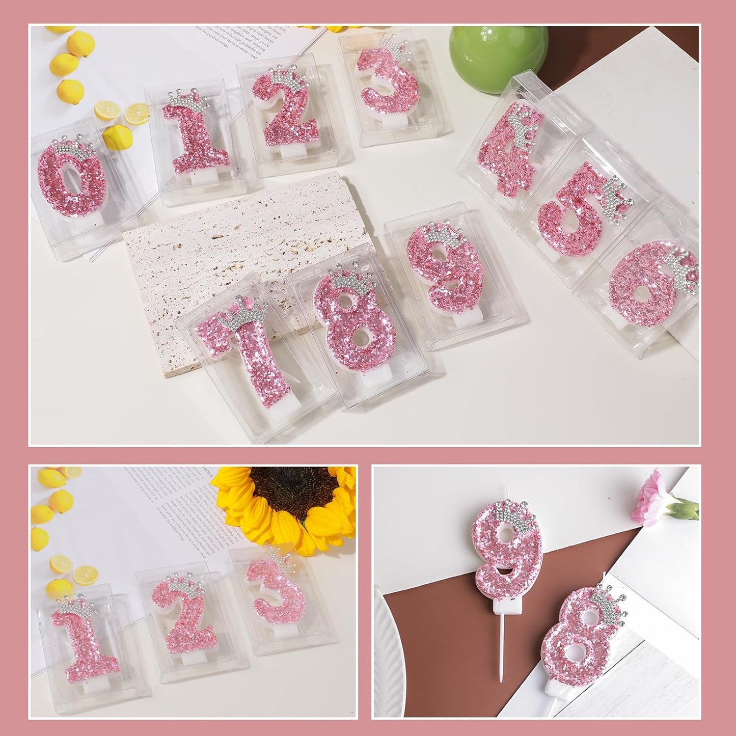 Birthday Number Candles,Pink Crown Birthday Candles for Cake,Glitter Number 6 Candle Cake Topper with Sequins for Girls,Women, Anniversary Celebrations Supplies (Pink 6)
