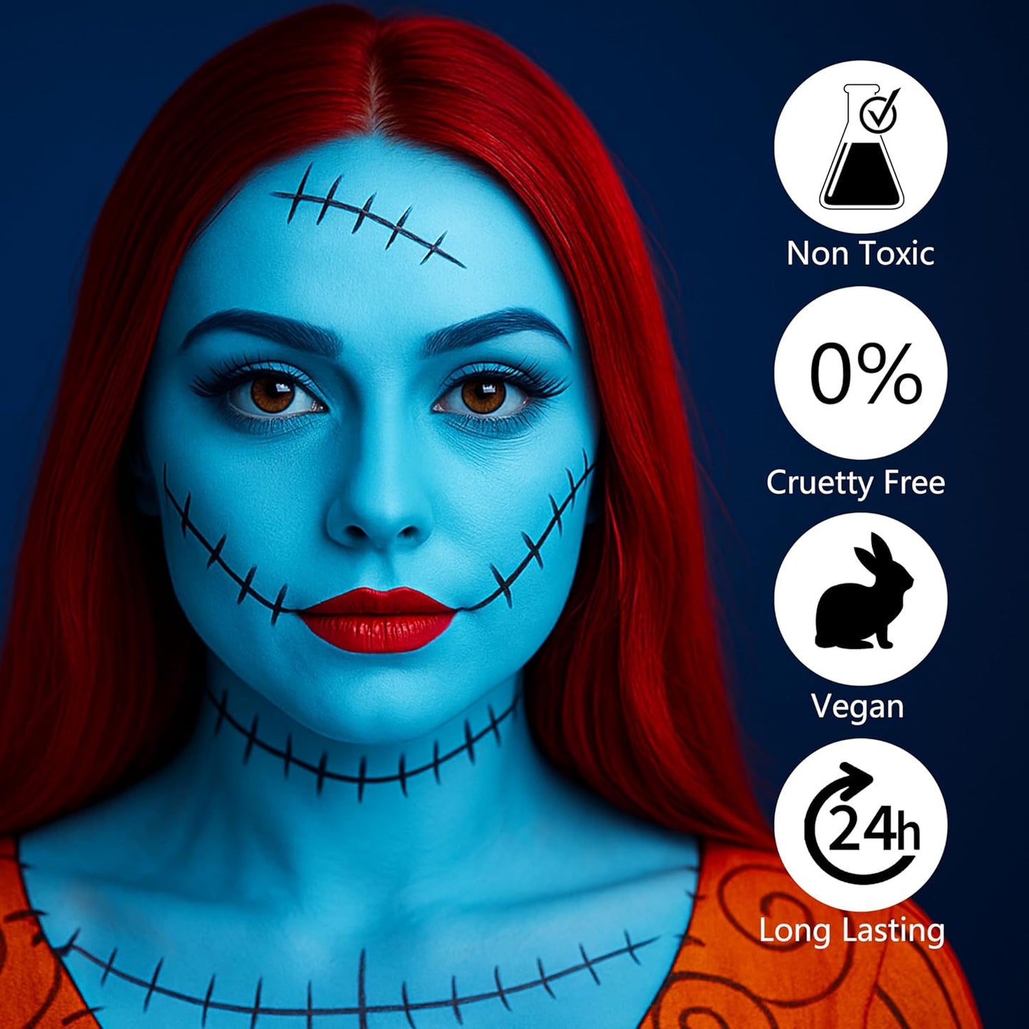 Sally Makeup Kit, Sally Face Costume Cosplay Accessories for Women Girls, Corpse Bride Costume Makeup Kit, Water Activated Light Blue Face Body Paint+Red Lipstick+Black Eyeliner+Sponges