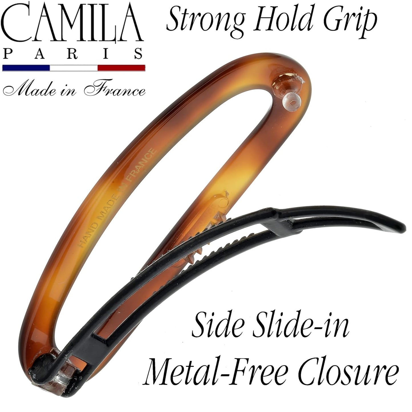 Camila Paris CP2249 French Hair Barrette Clip for Women, Handmade, Side Slide-in Metal-Free Closure Strong Hold Grip Hair Clips for Girls, No Slip Durable Styling Hair Accessories, Made in France