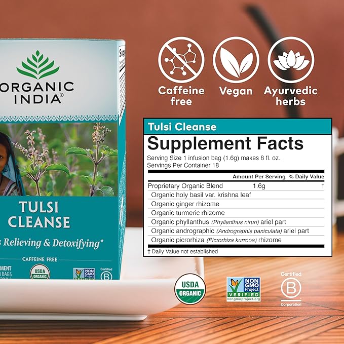 Organic India Tulsi Cleanse Herbal Tea - Holy Basil, Stress Relieving & Cleansing, Immune Support, Adaptogen, Vegan, USDA Certified Organic, Non-GMO, Caffeine-Free - 18 Infusion Bags, 1 Pack