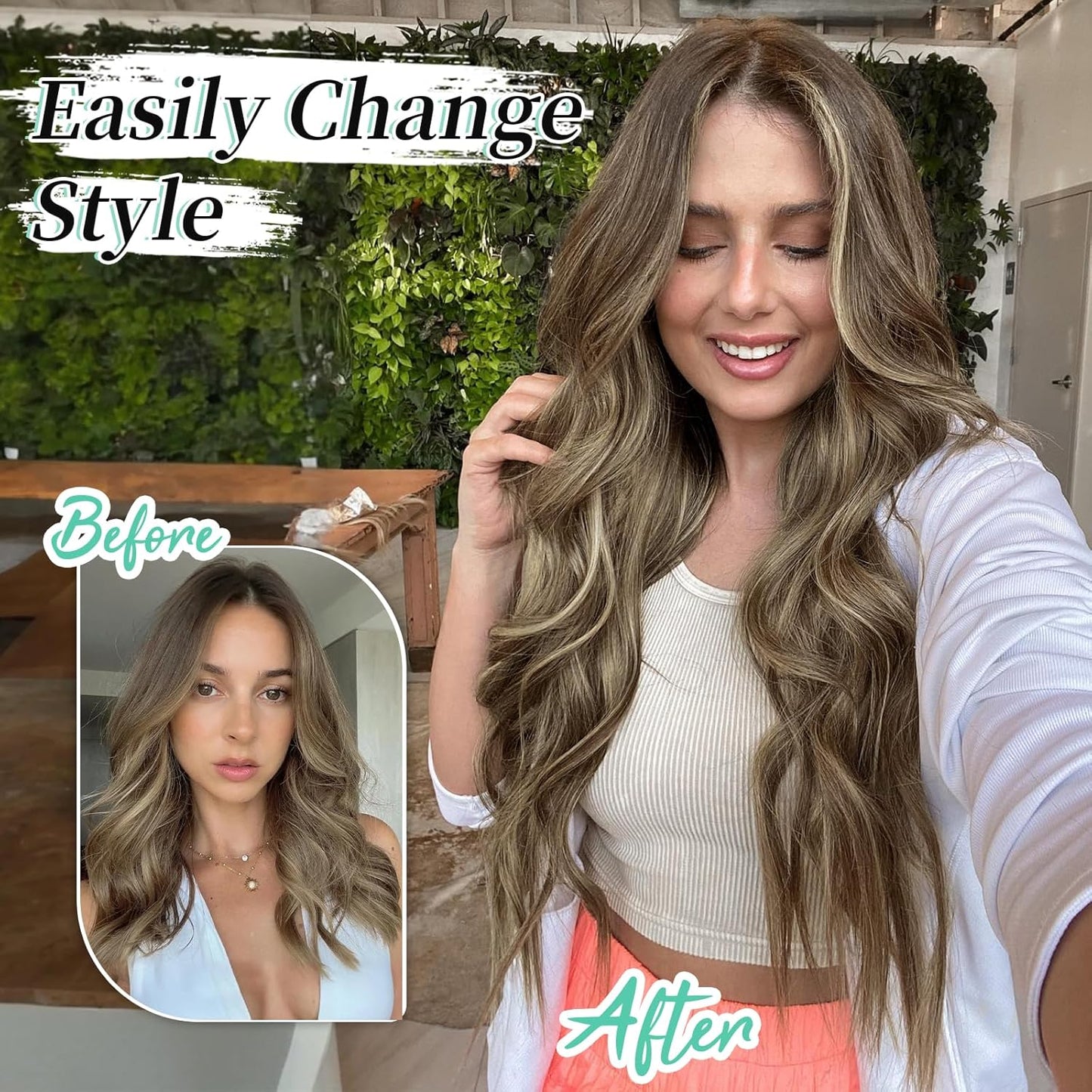 KooKaStyle Hair Extensions Light Brown mix Blonde 626D Clip in Synthetic Highlight Hair Extensions Long Wavy 4PCS Thick Hairpieces 20 Inch for Women