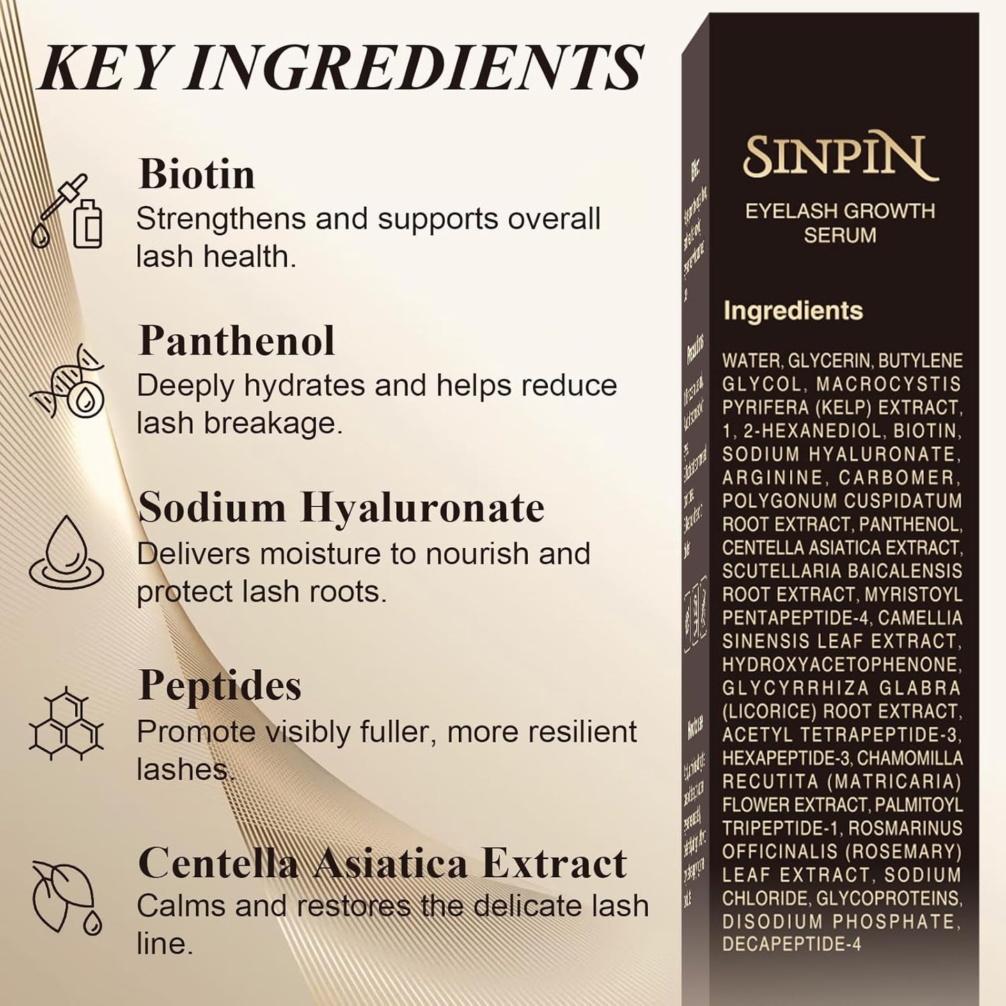 Natural Lash Growth Serum – See Visible Results in 4 Weeks | SINPIN Eyelash Serum without Prostaglandin, Enriched with Biotin, Panthenol & Peptides for Longer, Thicker Lashes, 5ML