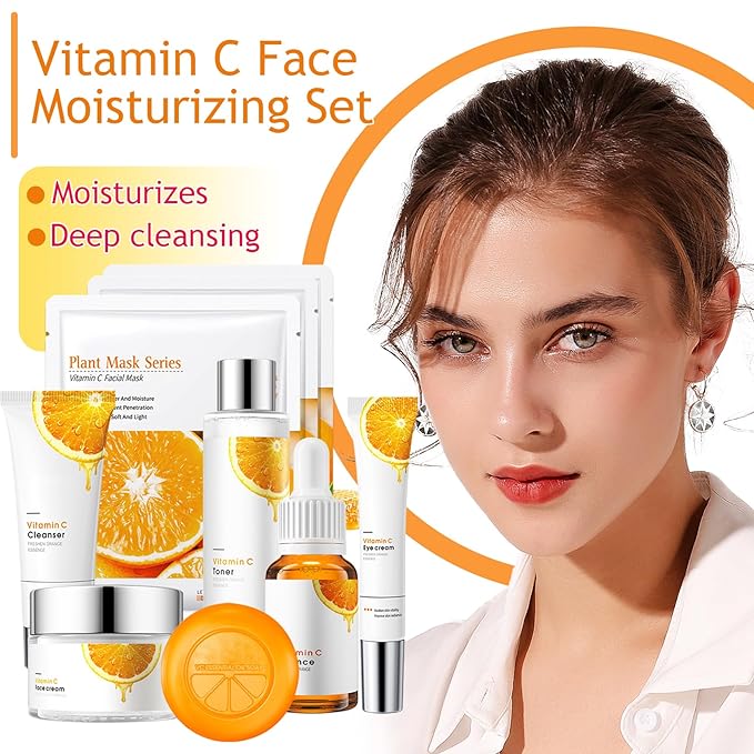Vitamin C Skincare Set,Hydrating Travel Size Face Wash,Moisturizing Face Toner & Face Serum & Face Cream,Eye Cream Skin Care Gift Set for Women（9PCS)