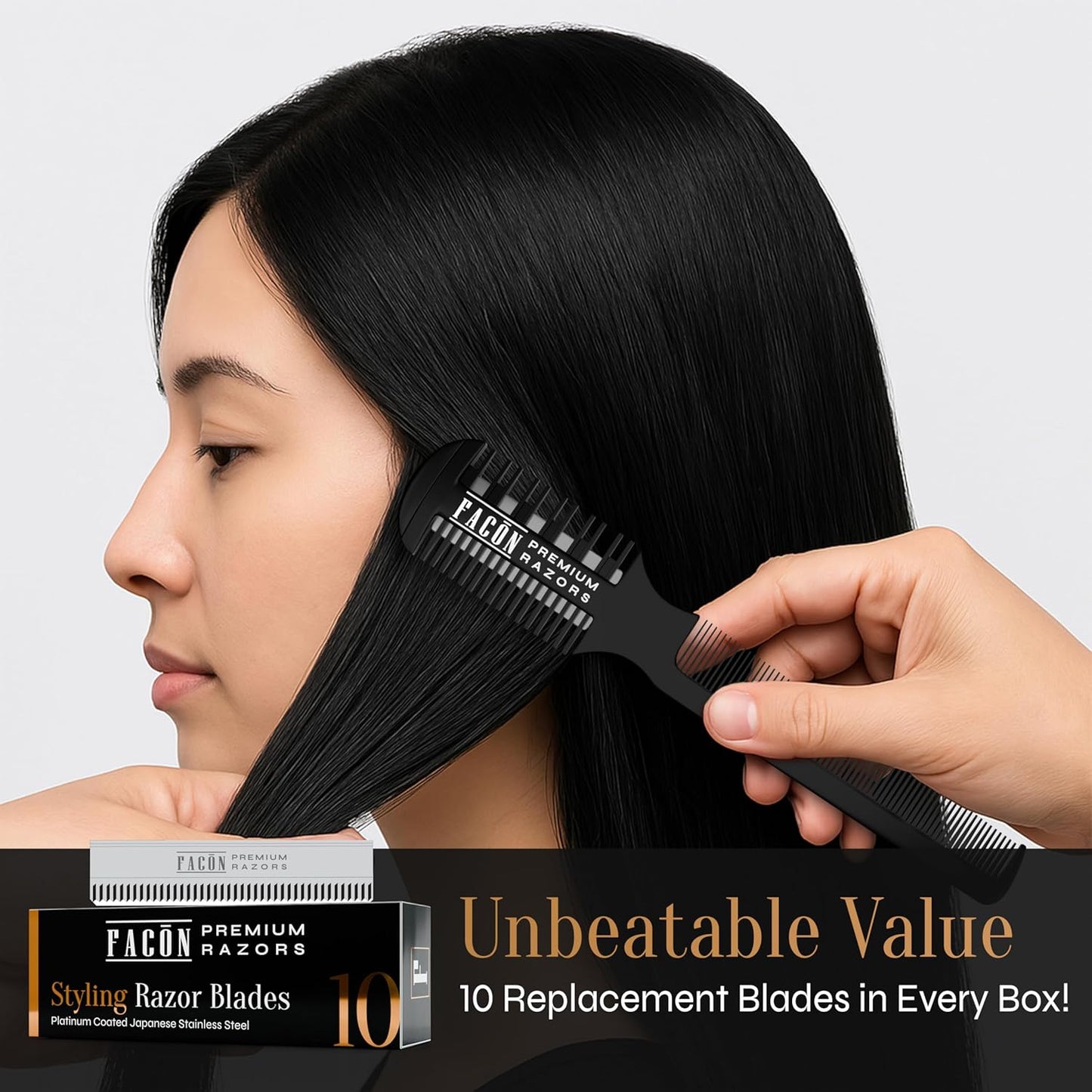 Facón Razor Comb for Hair Cutting - Professional Hair Cutting Comb Kit with 12 Replacement Blades, Double Edge Shaper for Salon & Home, Premium Styling Thinning Texturizing Split Ends Trimming Razor