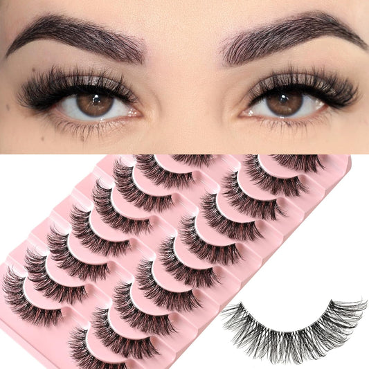 FARRED Cat Eye Lashes Natural Fake Strip Eyelashes Invisible Band Mink Eyelash Strips Wispy Full Volume False Lash Pack 10 Pairs 8-14 mm Short Demi Wispies Pestañas Postizas that Looks Like Extensions