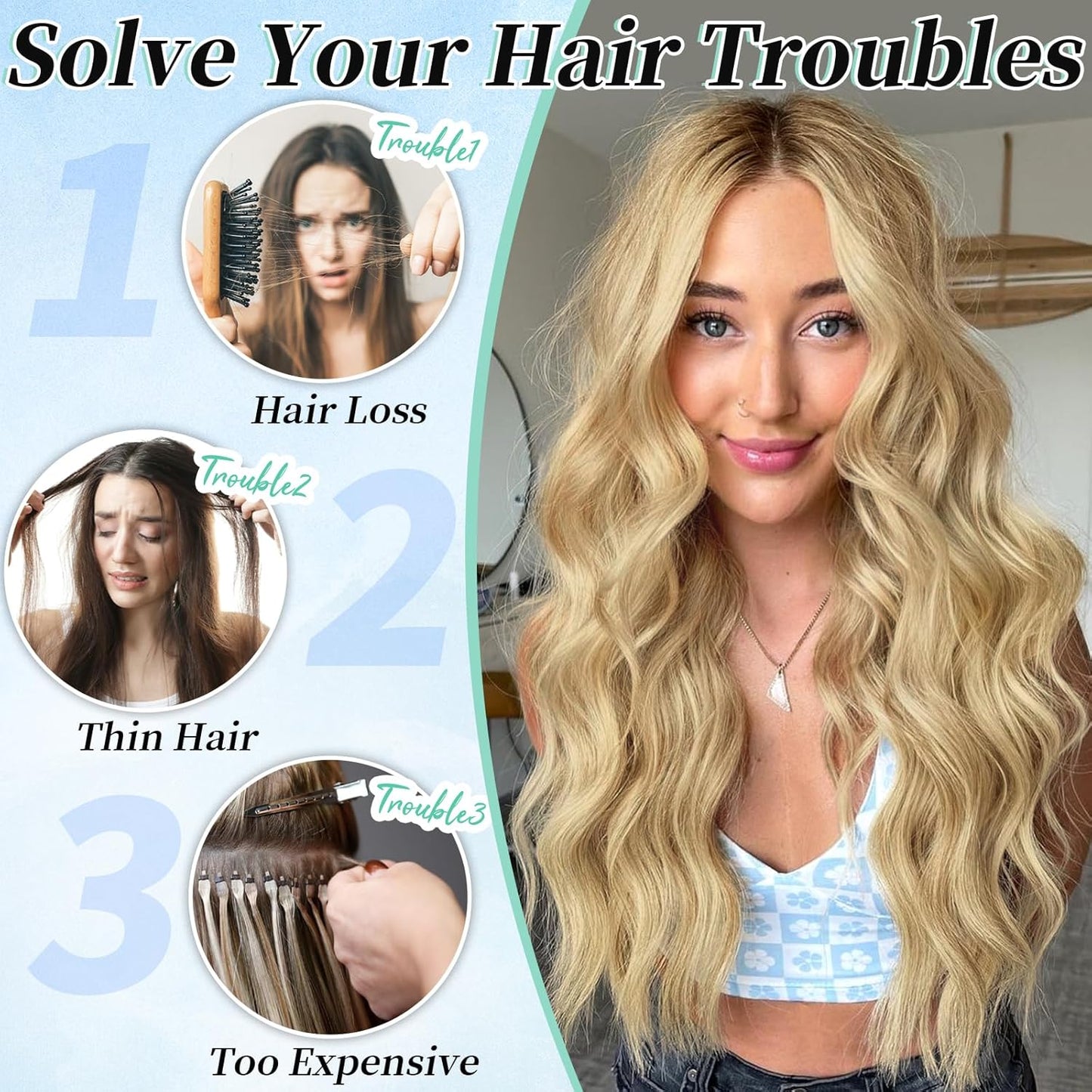 KooKaStyle Clip in Synthetic Hair Extensions Long Wavy 4PCS Thick Hairpieces Golden Blonde Fiber Double Weft Natural Hair Extensions 20 Inch for Women